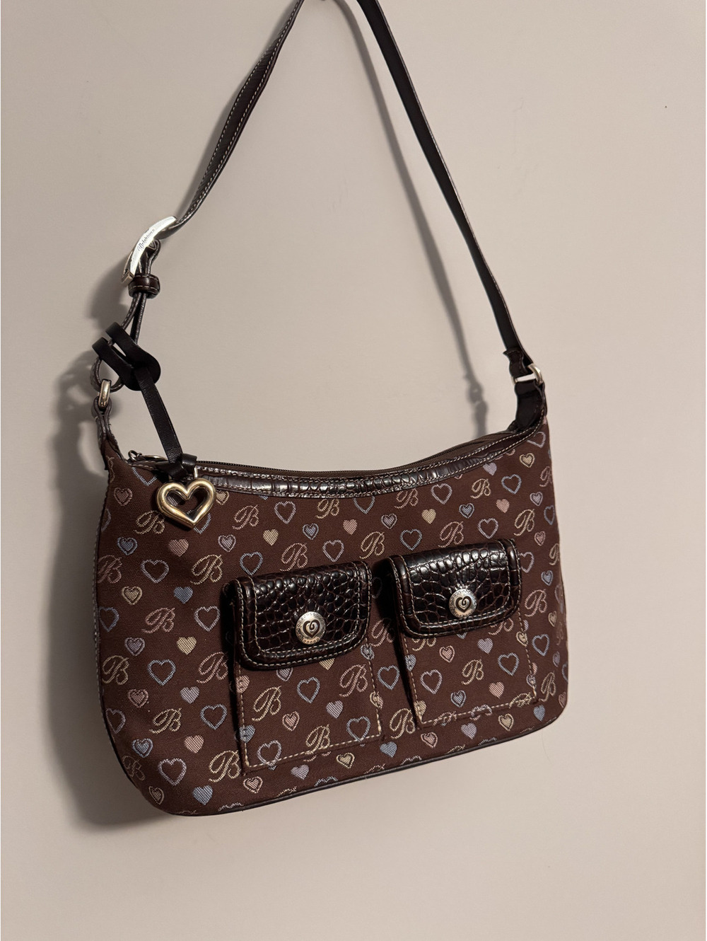 Brighton Vintage Y2K Brown Canvas Heart Monogram Hobo Shoulder Bag Croc Leather